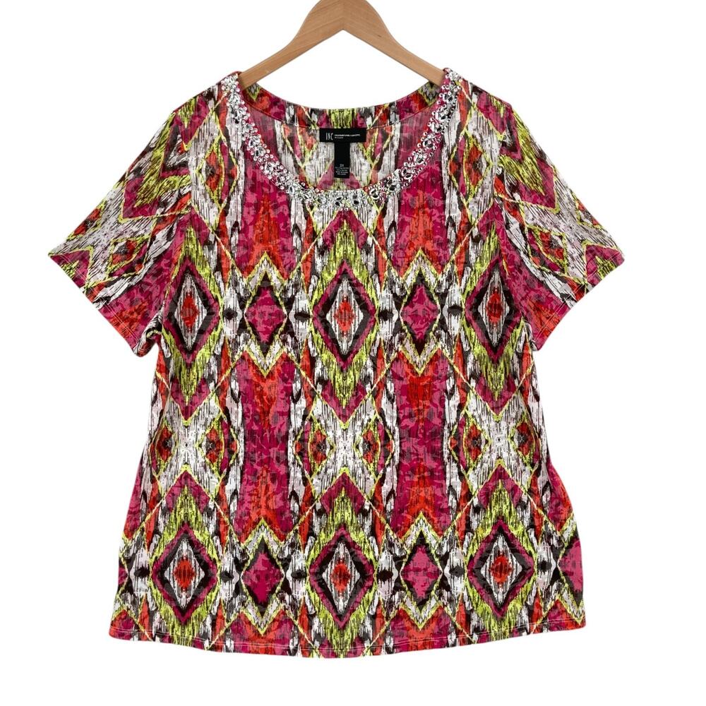 INC International Concepts Blouse Womens 2X Multi Geo Print Round Neck Beaded